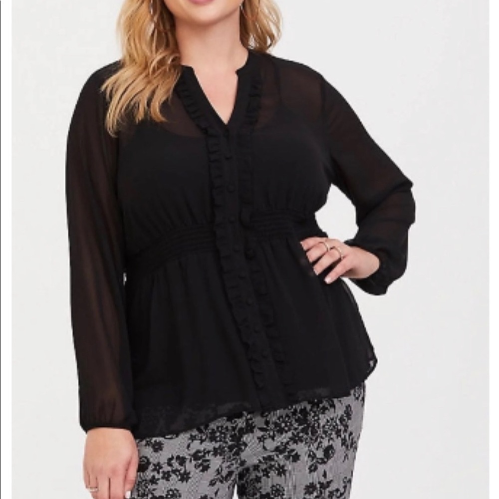 BLACK CHIFFON BUTTON BABYDOLL BLOUSE